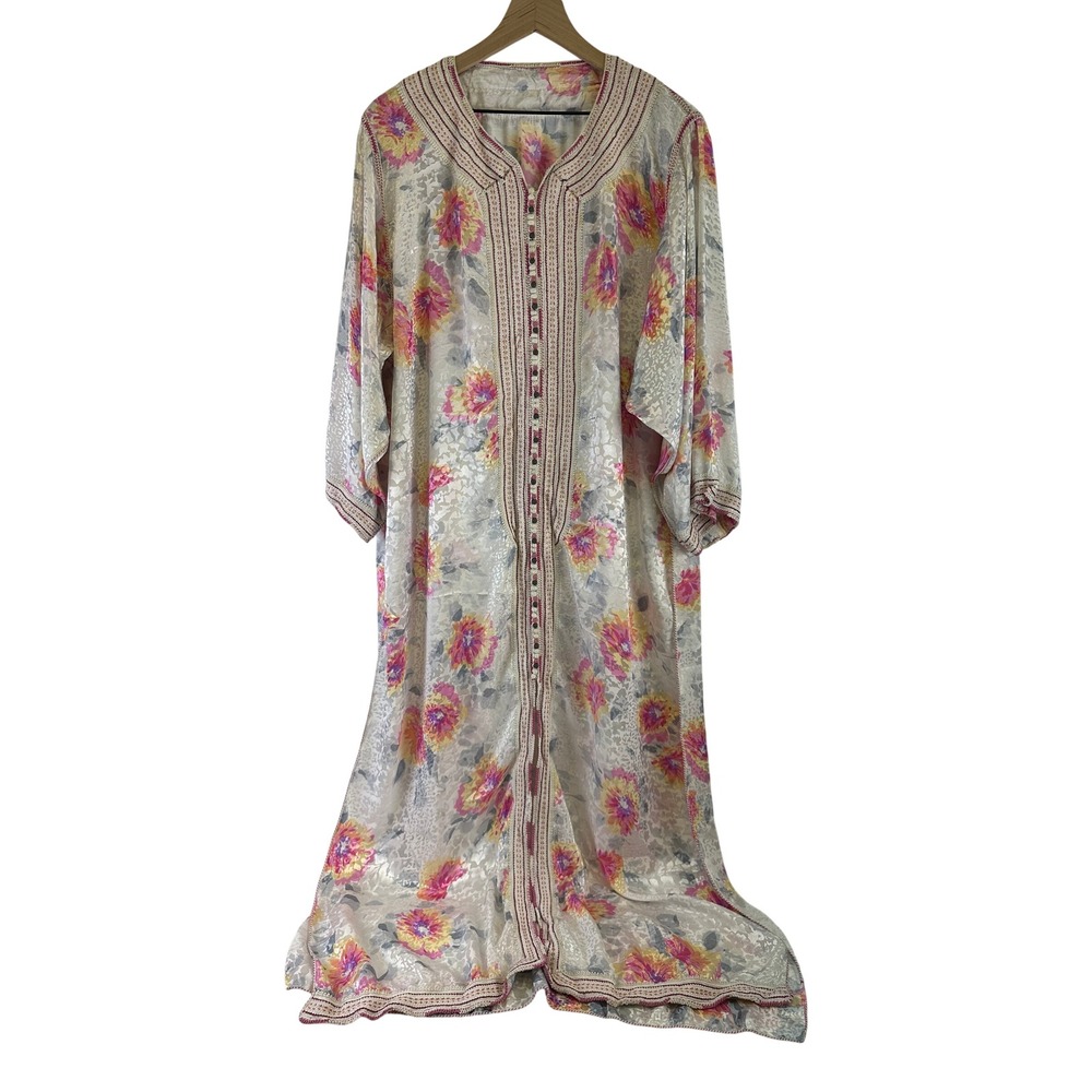 Vintage Moroccan Kaftan Dress Pink Floral Silky Satin Embroidered Button Maxi OS
